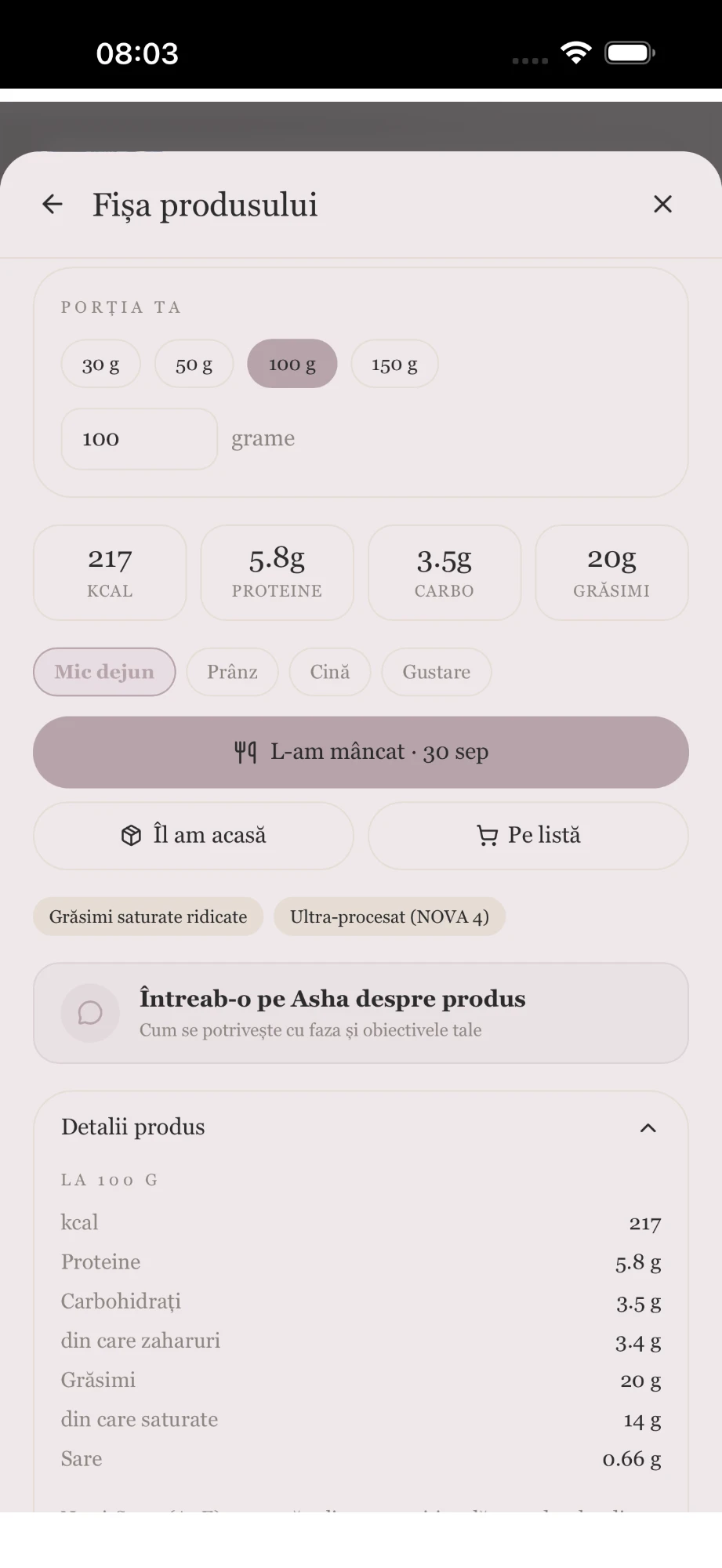 Aplicația Asha — ecranul Fișa produsului