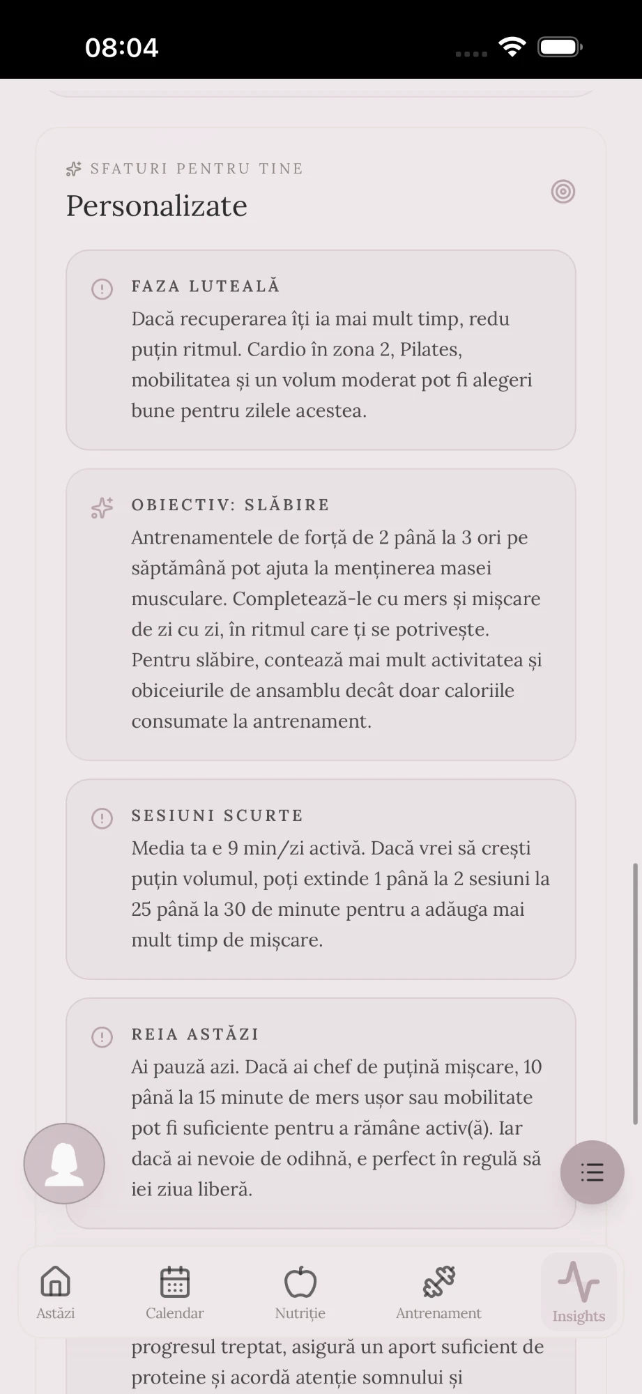 Aplicația Asha — ecranul Sfaturi personalizate