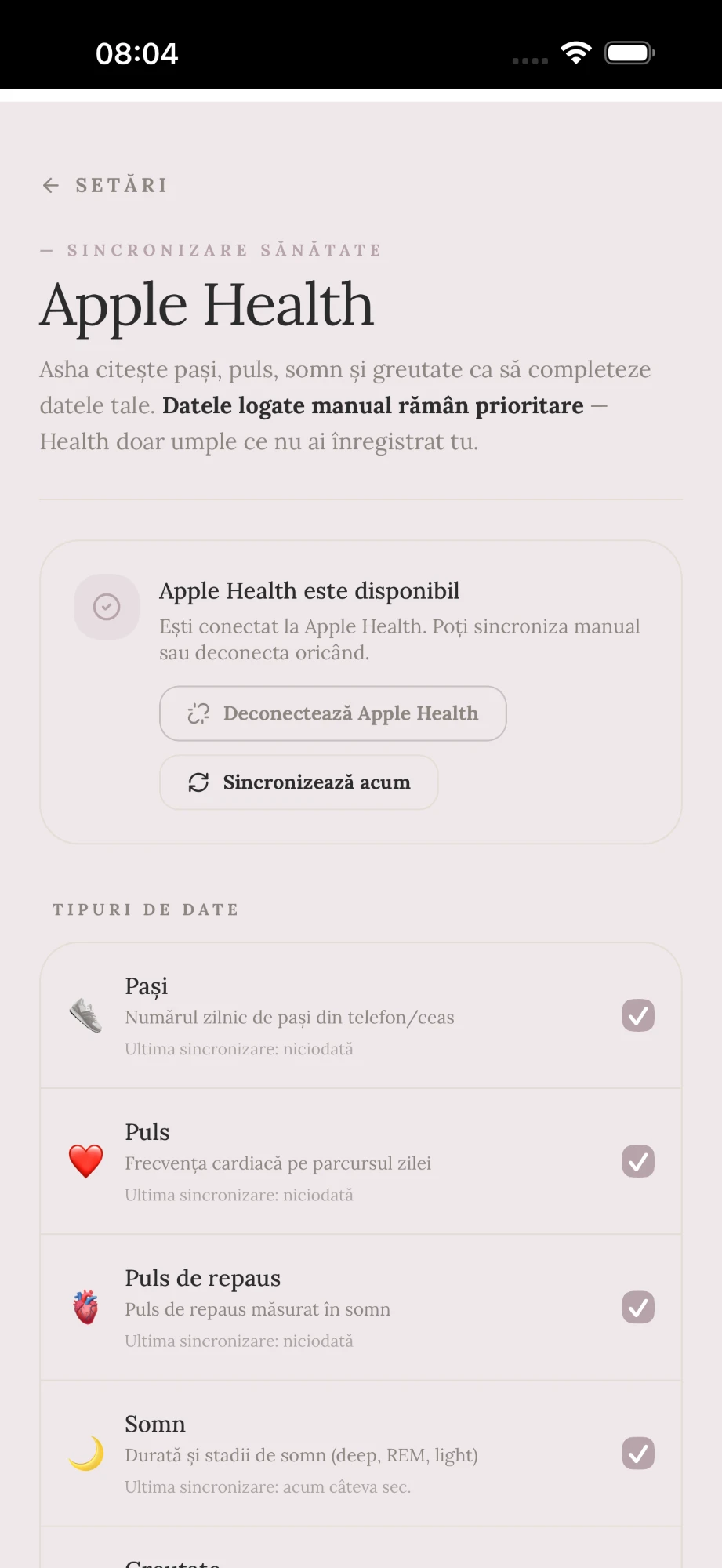 Aplicația Asha — ecranul Apple Health