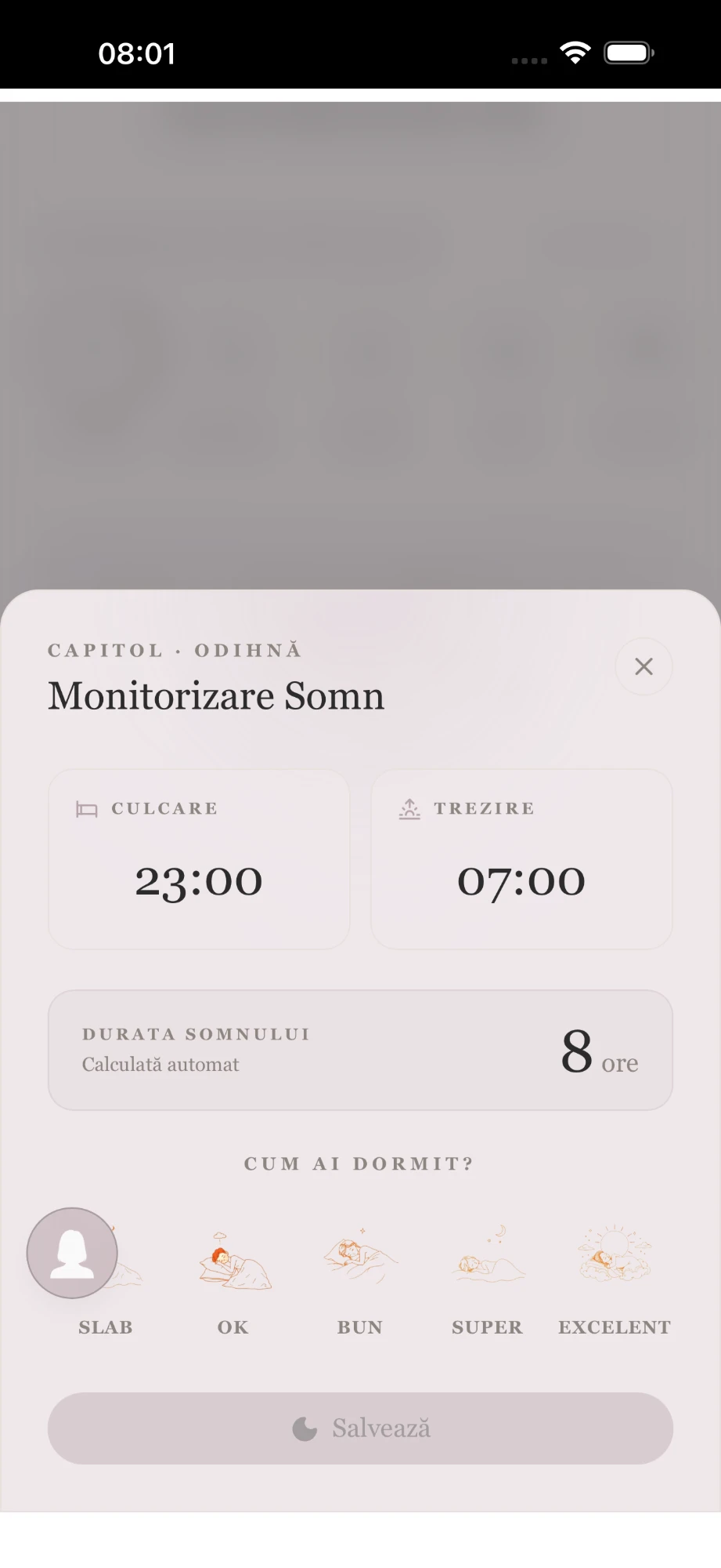 Aplicația Asha — ecranul Monitorizare somn