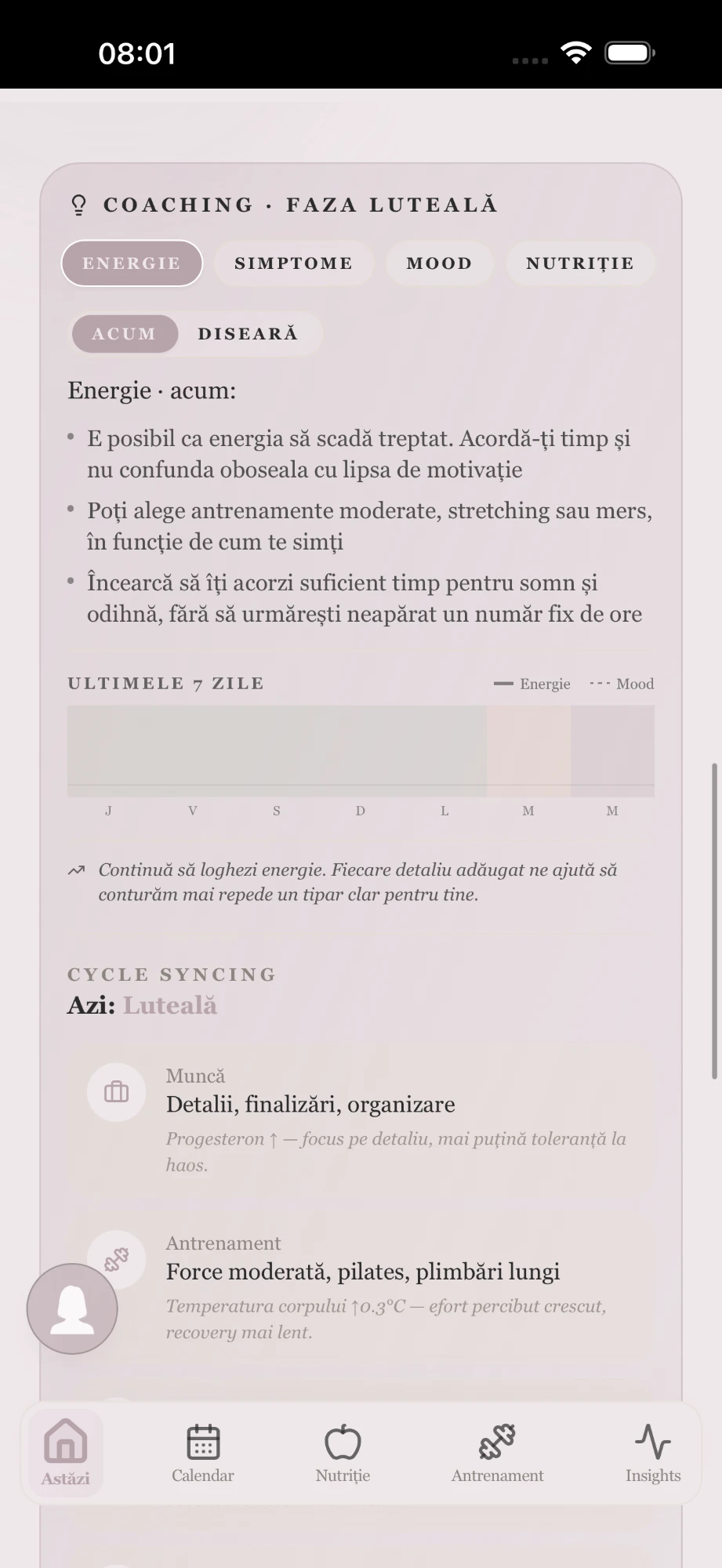 Aplicația Asha — ecranul Coaching zilnic