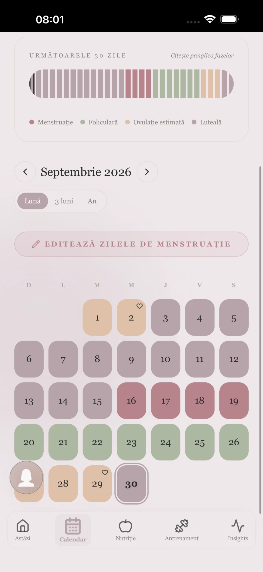 Aplicația Asha — ecranul Calendarul fazelor