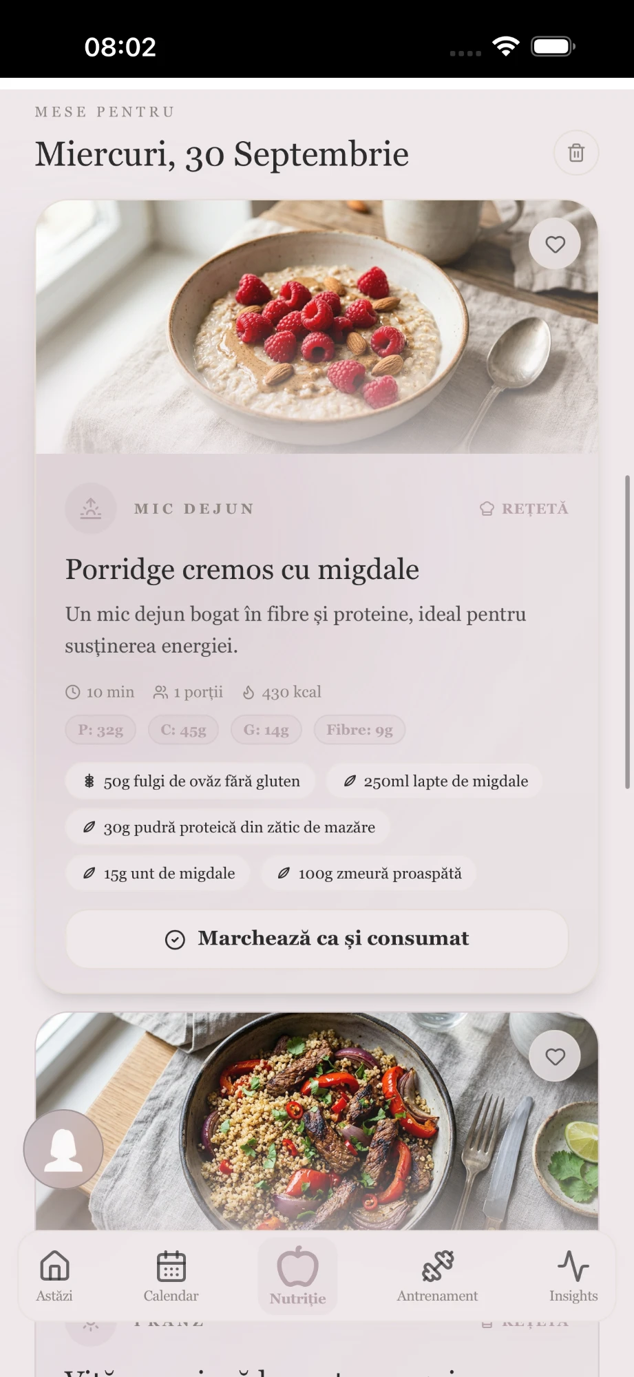 Aplicația Asha — ecranul Planul alimentar